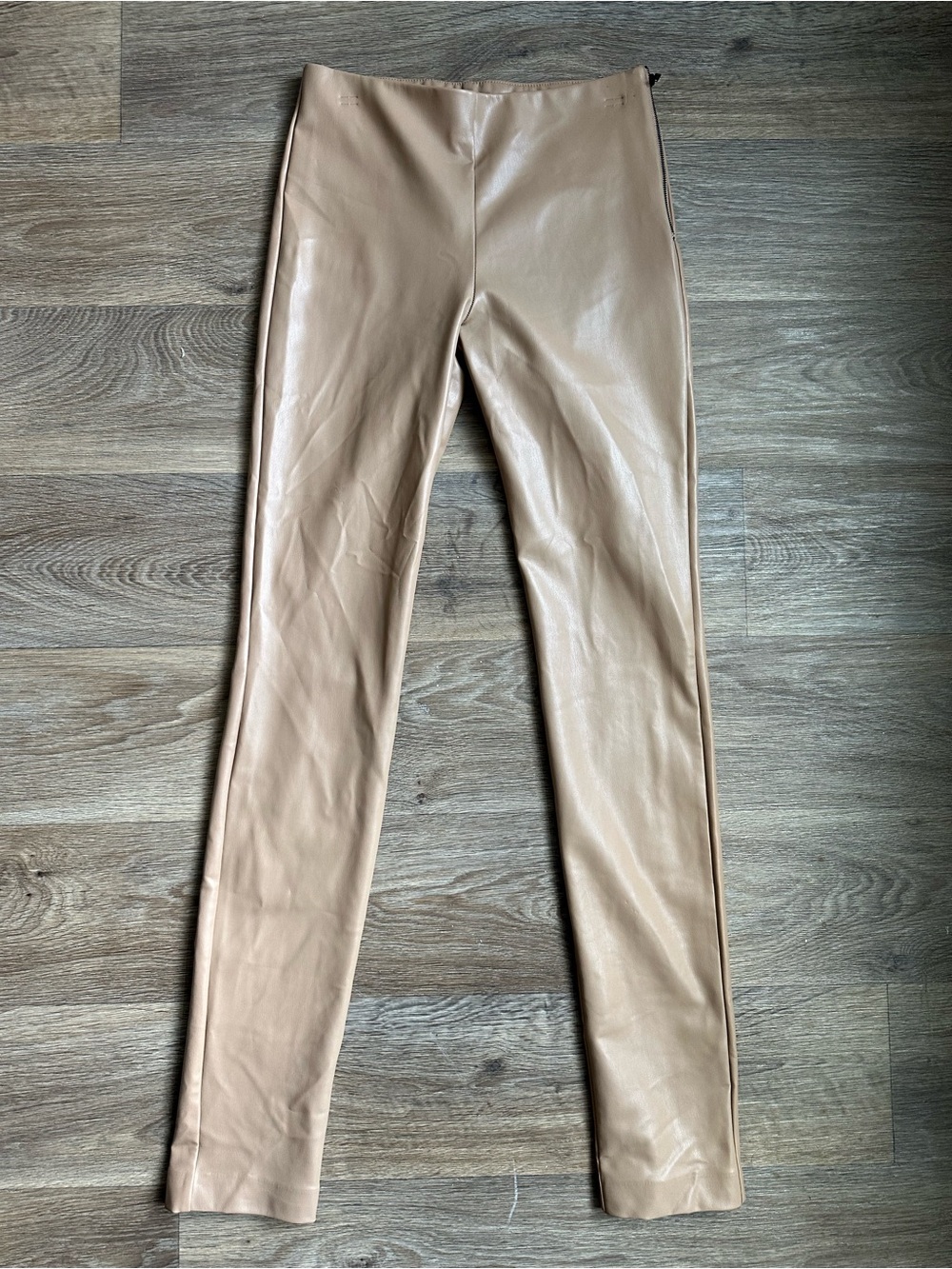 Zara Camel Faux Leather High-Waisted Leggings Tan Side Zip Pants Size M